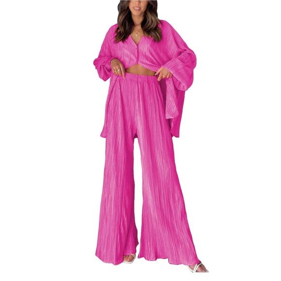 ONIRIKE Other - ONIRIKE 2 Pc Sweatsuit Womens SZ LRG Pleated Long Sleeve Button Up Palazzo Pants